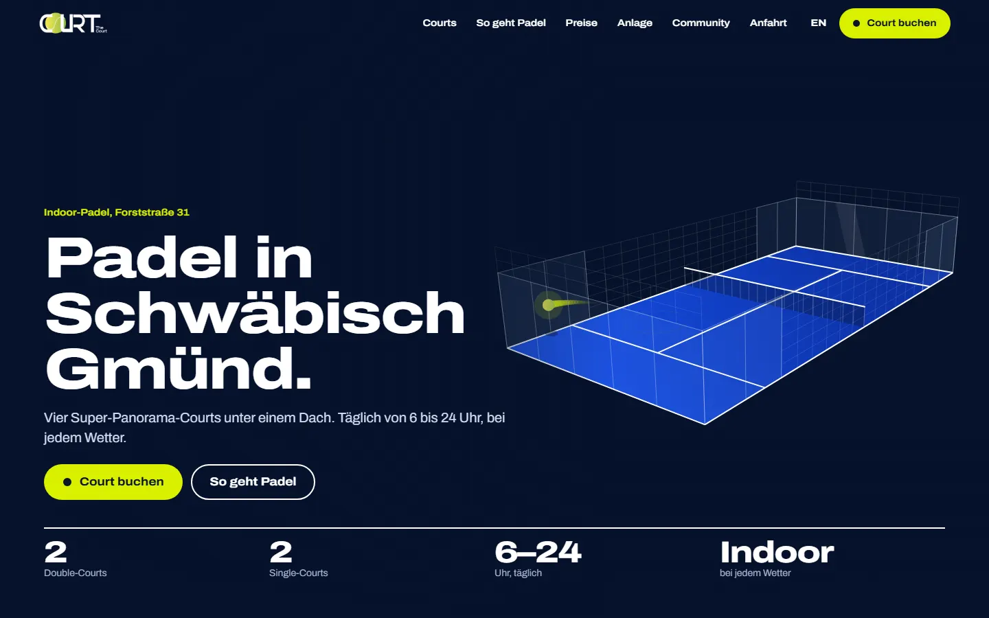 Startseite von TheCourt Padel mit animiertem Padel-Court