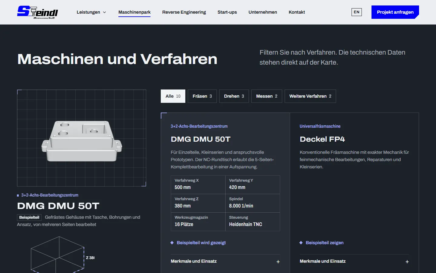 Maschinenpark-Seite der Steindl-Website mit Filter und Detailansicht